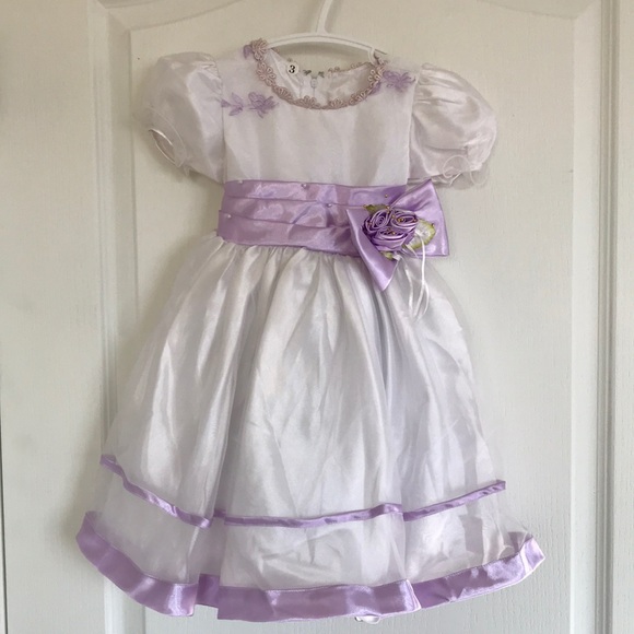 Other - Girl's Fancy White Short Sleeve Dress with Purple Satin Ribbon Trim